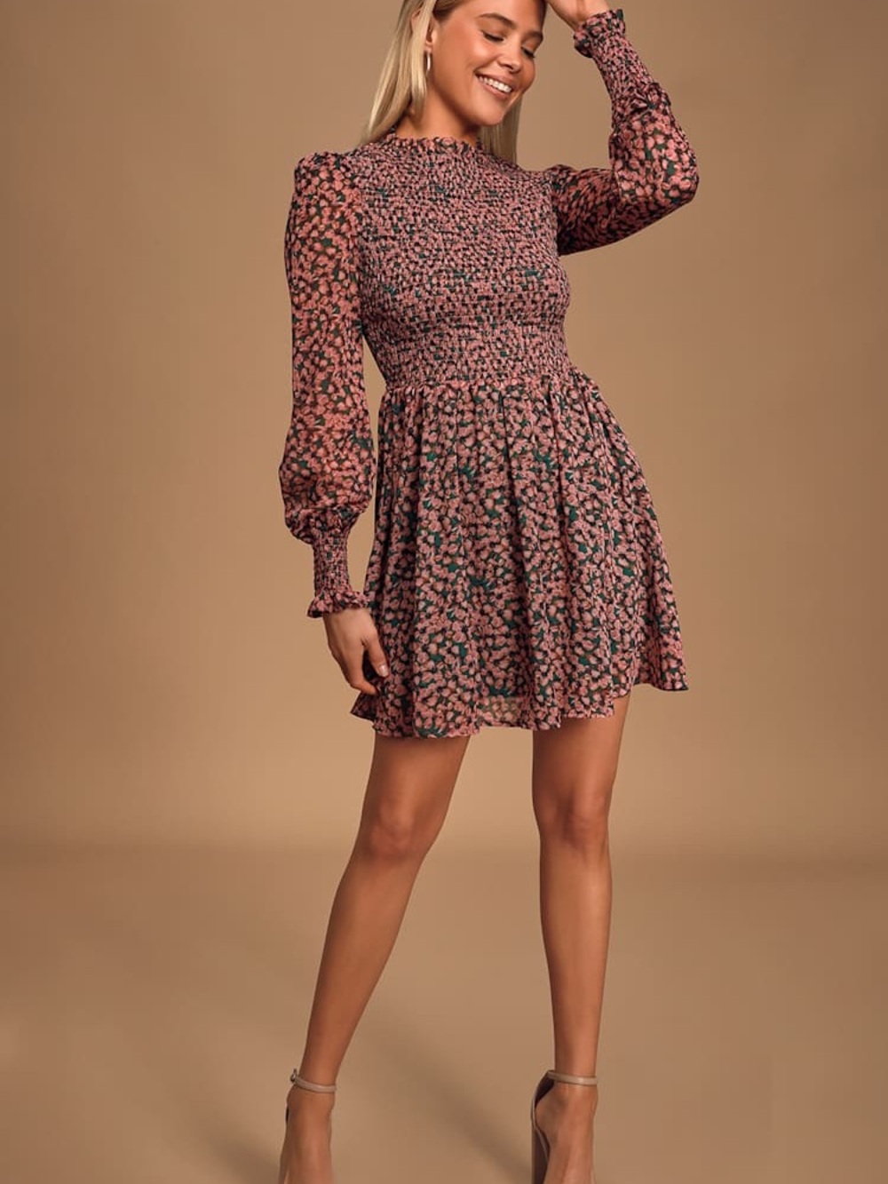 Lulus Forever Green and Pink Floral Print Smocked Skater Dress